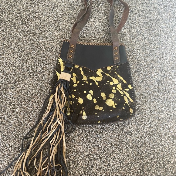 Go West Designs Western Black Gold cowhide leather bag with fringe - Picture 1 of 8